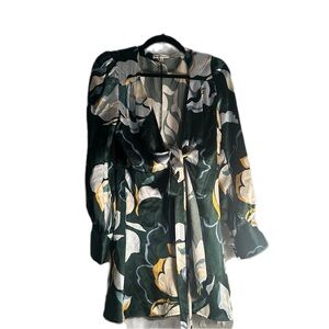 Reformation Dark Green Floral Mini Wrap Dress with Cream & Yellow Accents